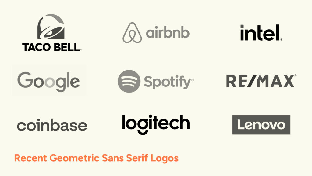 Collection of Recent Sans Serif Logos: Taco Bell; airbnb; intel; Google; Spotify; Remax; coinbase; logitech; Lenovo