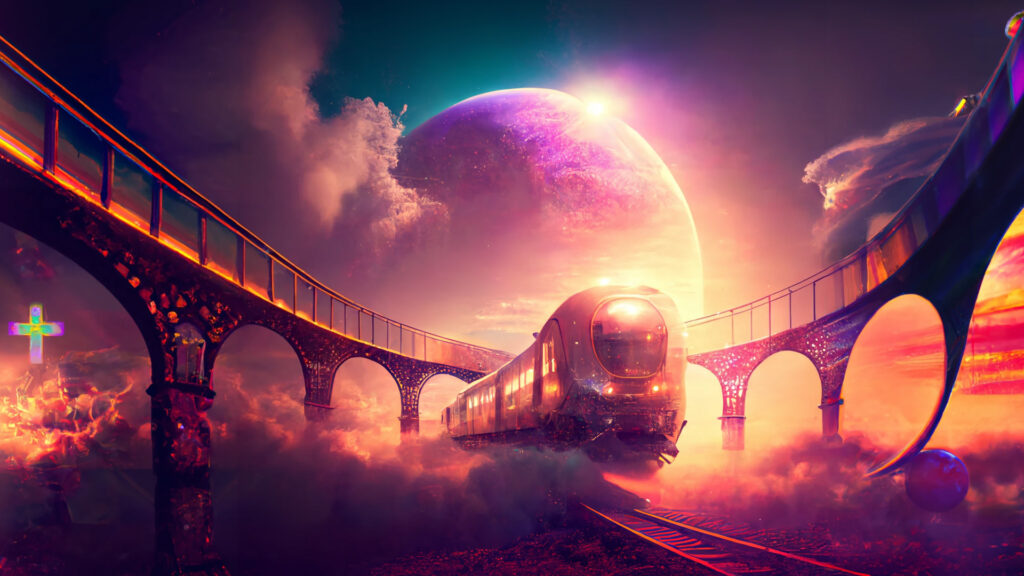 AI generated Futuristic train emerging through the clouds with moon in the background.